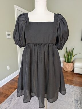 ON YOU Black Puff Sleeve Babydoll Dress Sheer Overlay Bow Back Size S